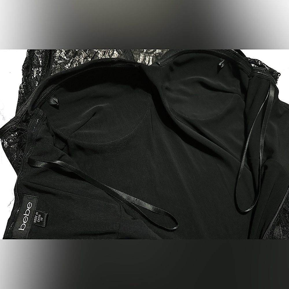 BEBE Black Sleeveless Lace Overlay Dress with Silk Trim XS - Picture 4 of 6